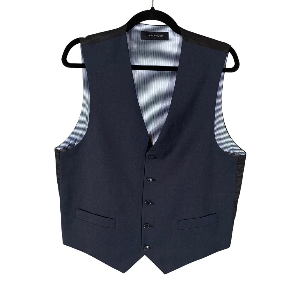 Tommy Hilfiger Mens Navy Blue 100% Worsted Wool 5-Button Suit Vest Waistcoat M